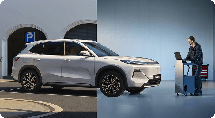 Technicien Geely Care+ effectuant un diagnostic sur un SUV Geely