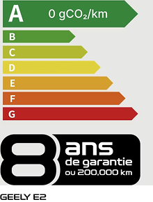 Polluscore Geely E2 : classe A, 0 g CO2/km — garantie 8 ans ou 200 000 km