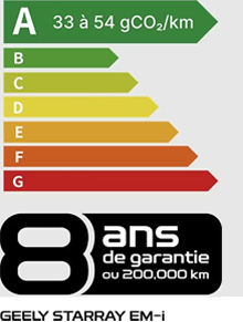 Polluscore Geely Starray EM-i : classe A, 33 à 54 g CO2/km — garantie 8 ans ou 200 000 km